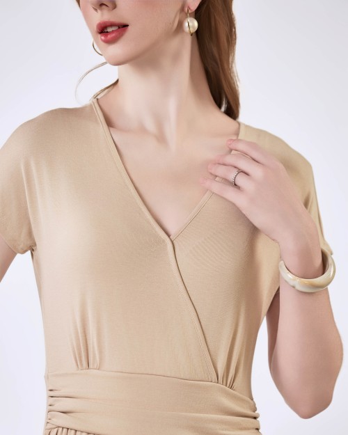 SIXDO G-Beige V-Neck Woven Flared Dress